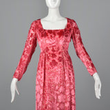 1970s Richilene Pink Burnout Velvet Empire Waist Evening Dress