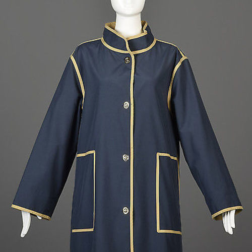 1970s Bonnie Cashin Navy Blue Overcoat with Tan Trim