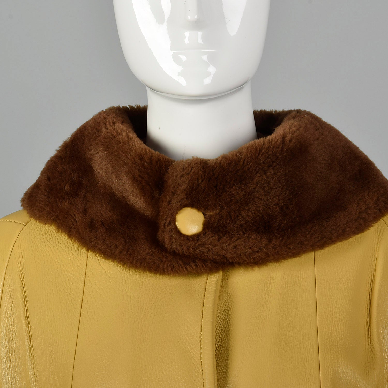 1960s Mustard Yellow Leather Jacket with Brown Faux Fur Trim