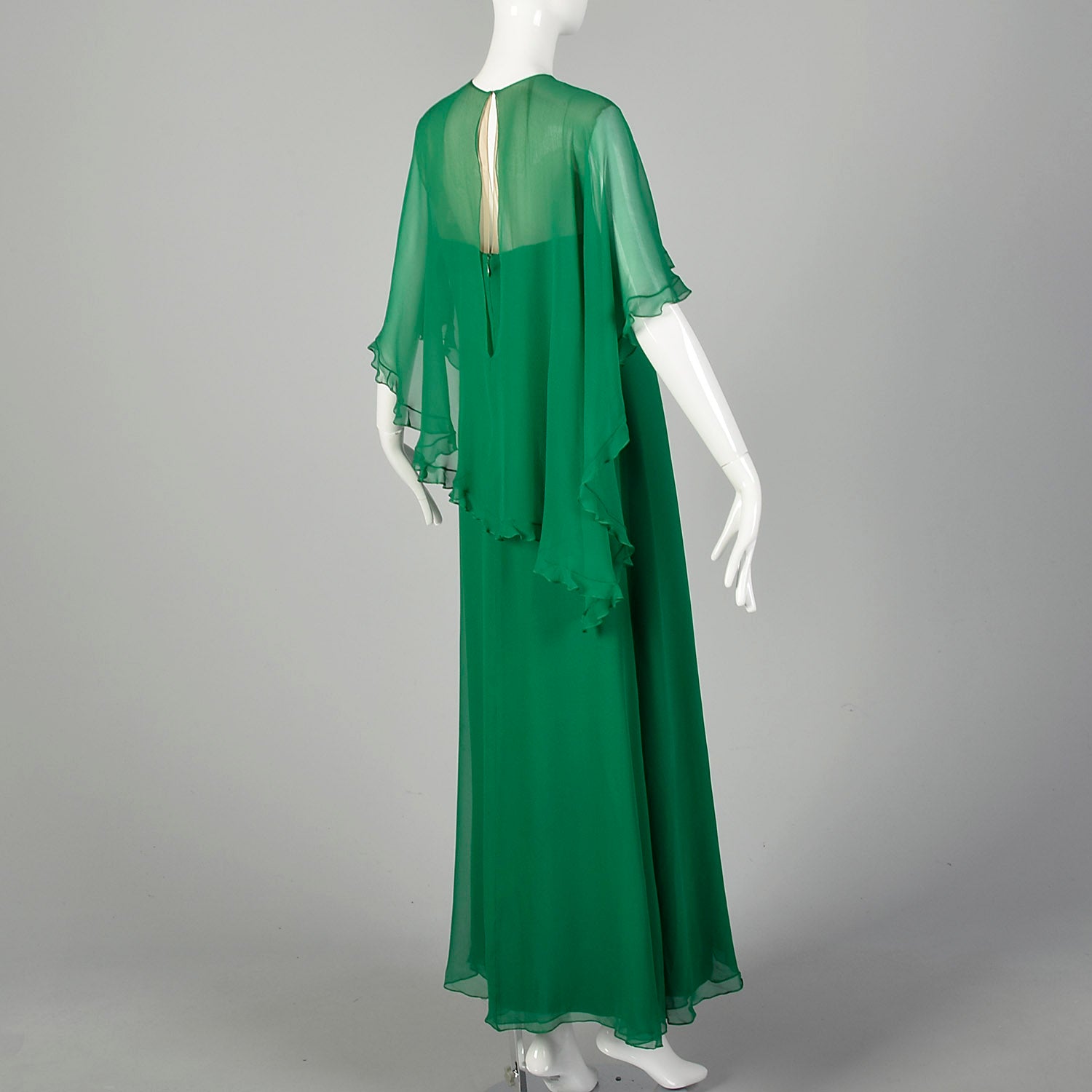 Medium 1970s Mollie Parnis Green Evening Gown Formal Maxi Dress Cape