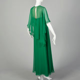 Medium 1970s Mollie Parnis Green Evening Gown Formal Maxi Dress Cape