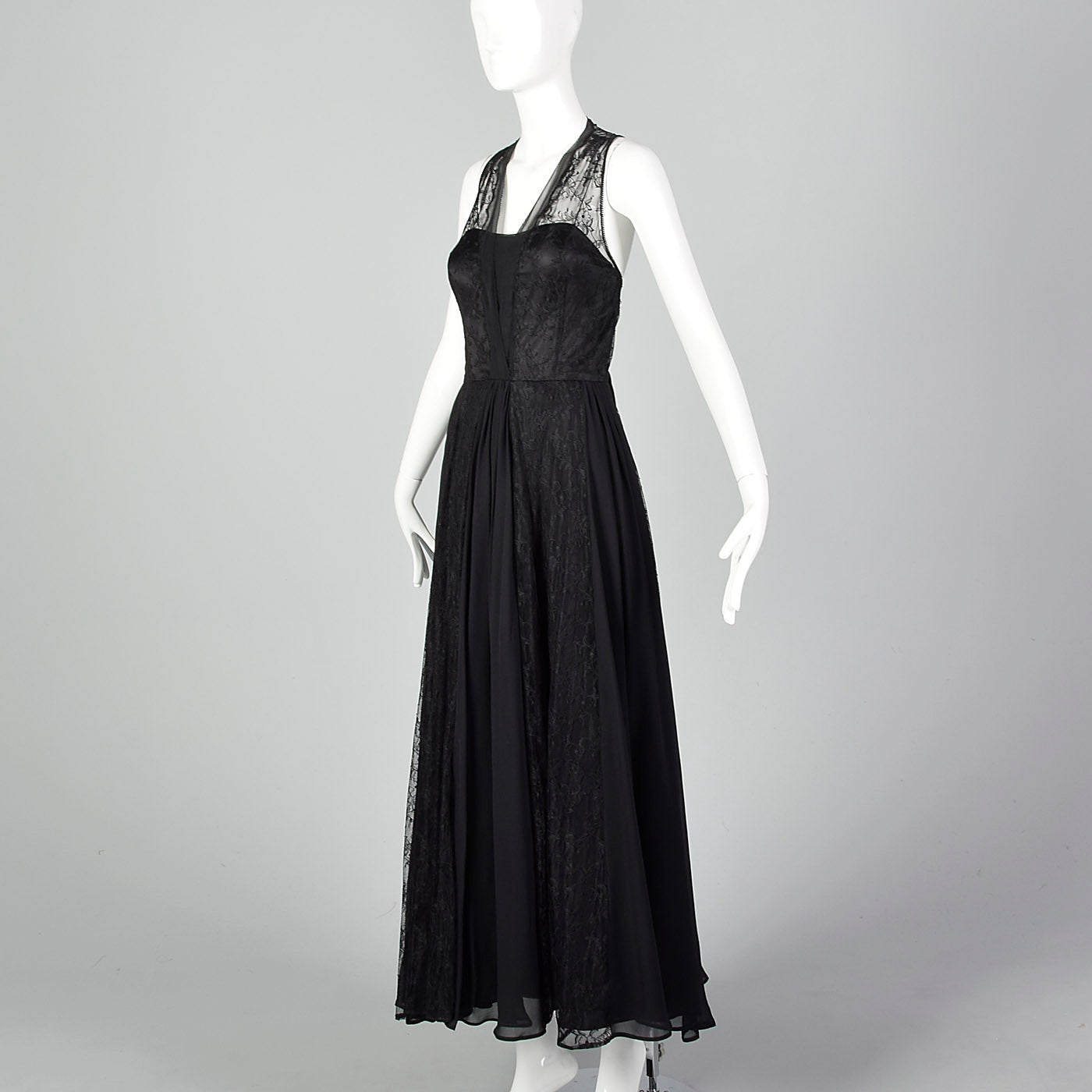 1990s Rickie Freeman for Teri Jon Black Silk and Lace Evening Gown