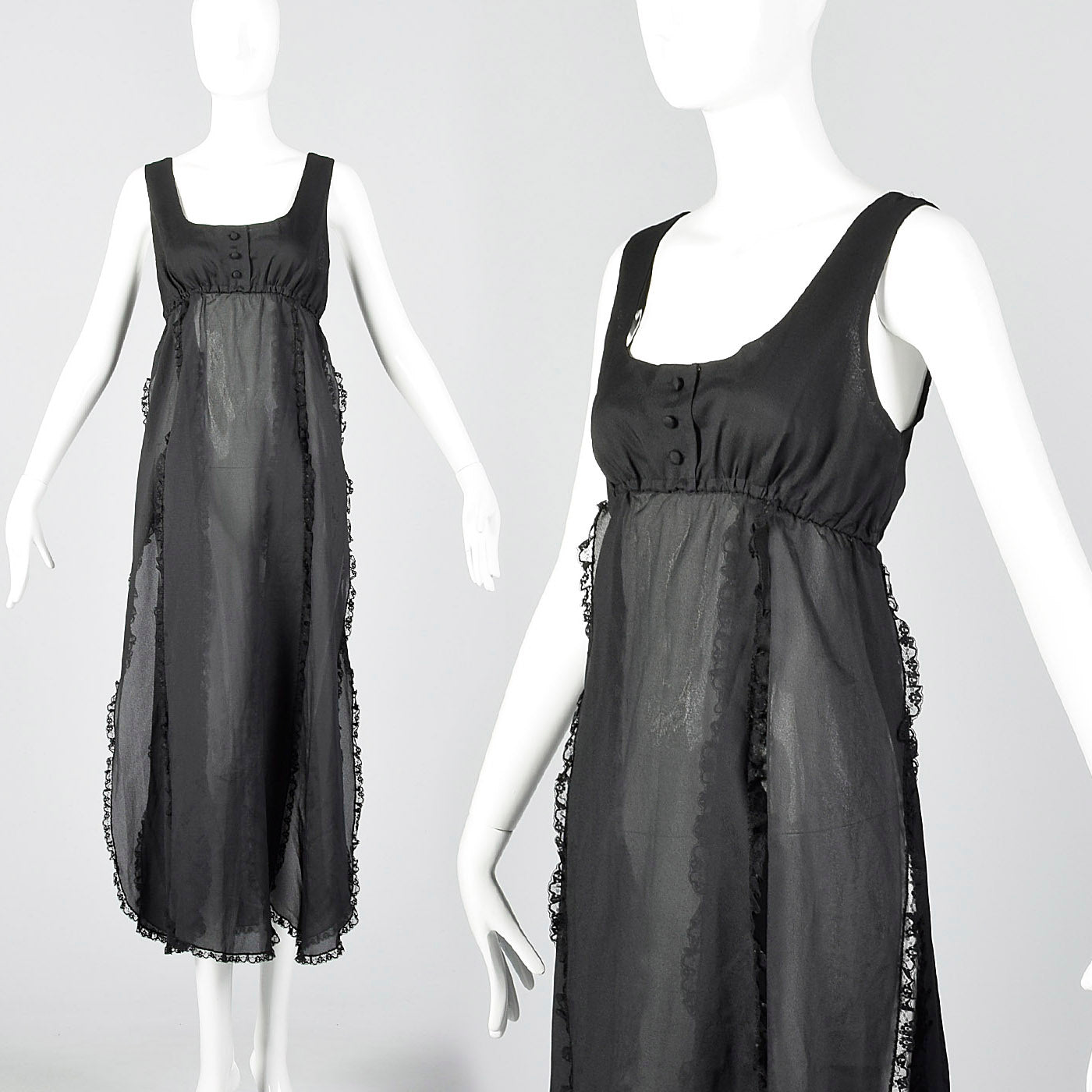 1970s Saks Fifth Avenue Sheer Black Nightgown with Car Wash Hem  