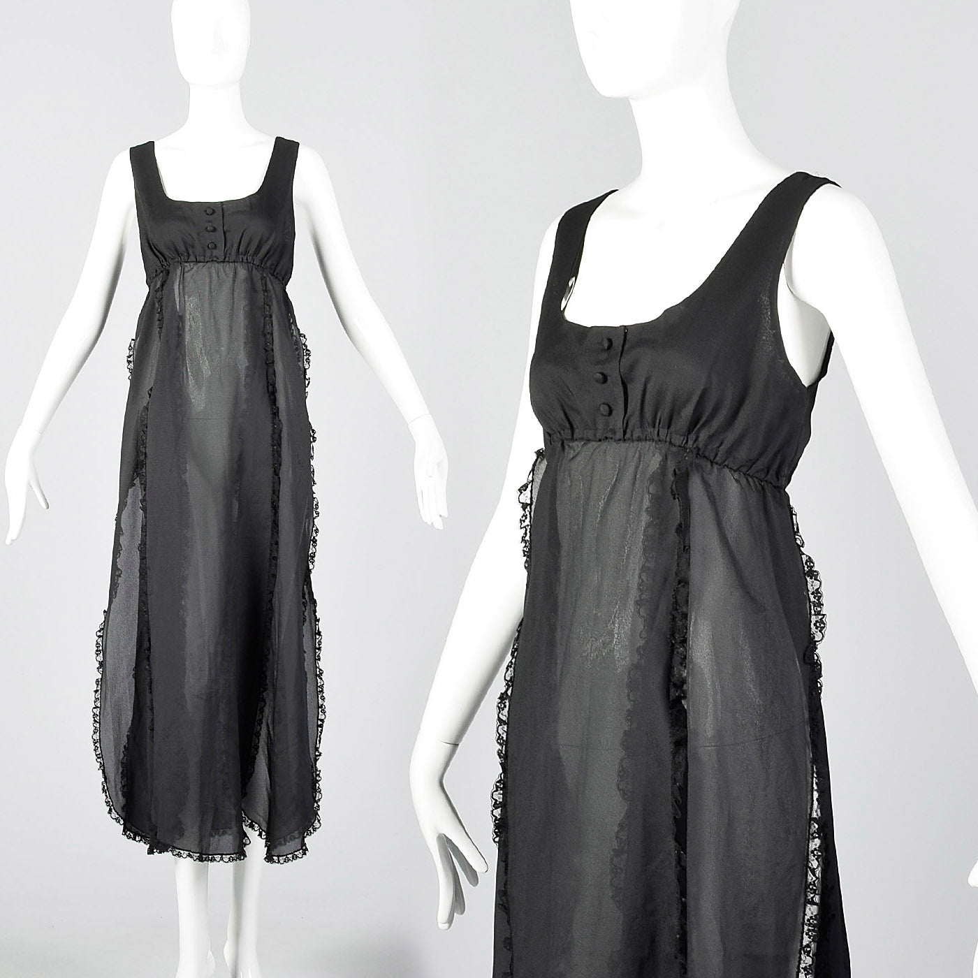 1970s Saks Fifth Avenue Sheer Black Nightgown with Car Wash Hem