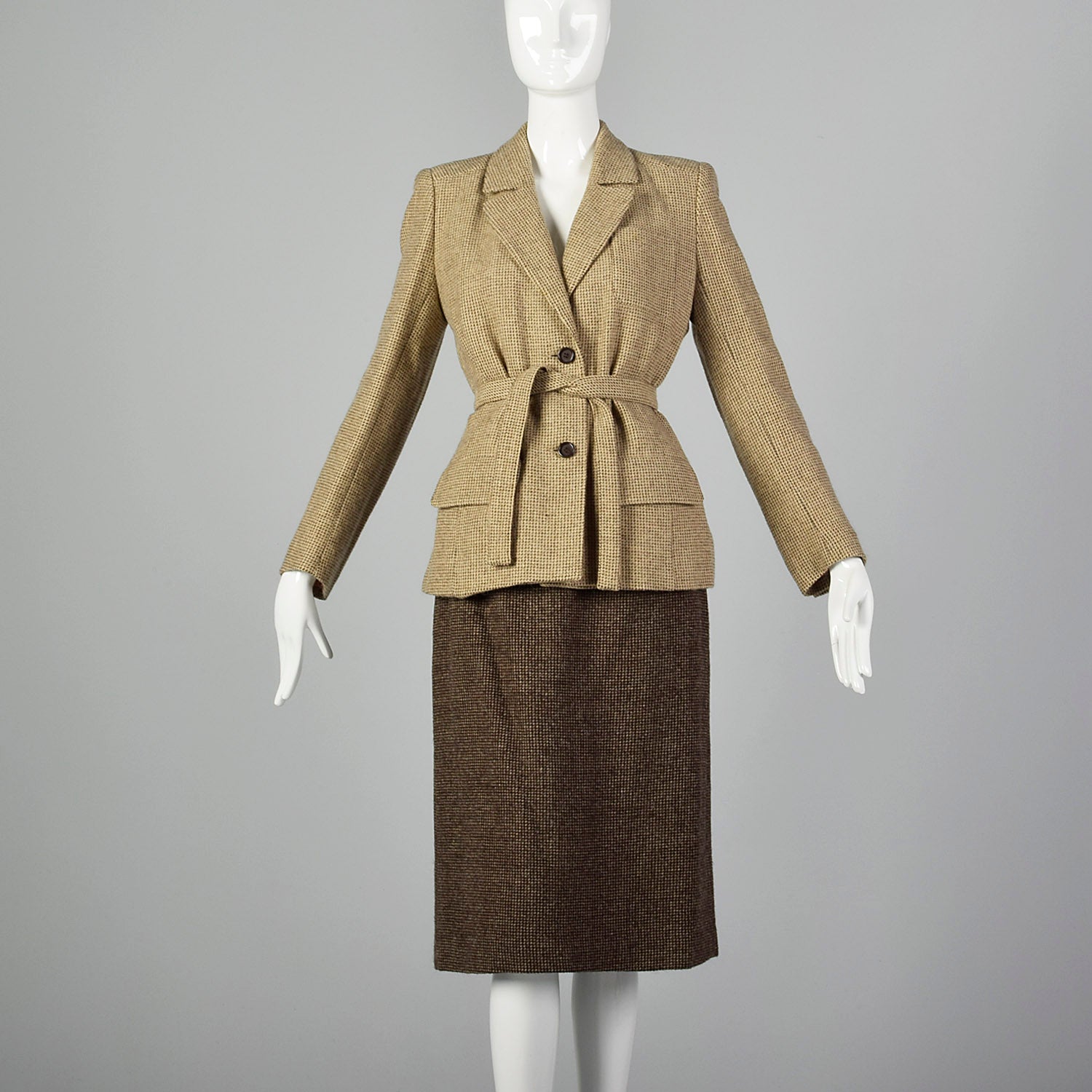 Small Jean Louis Scherrer Boutique 1990s Brown Tweed Skirt Suit