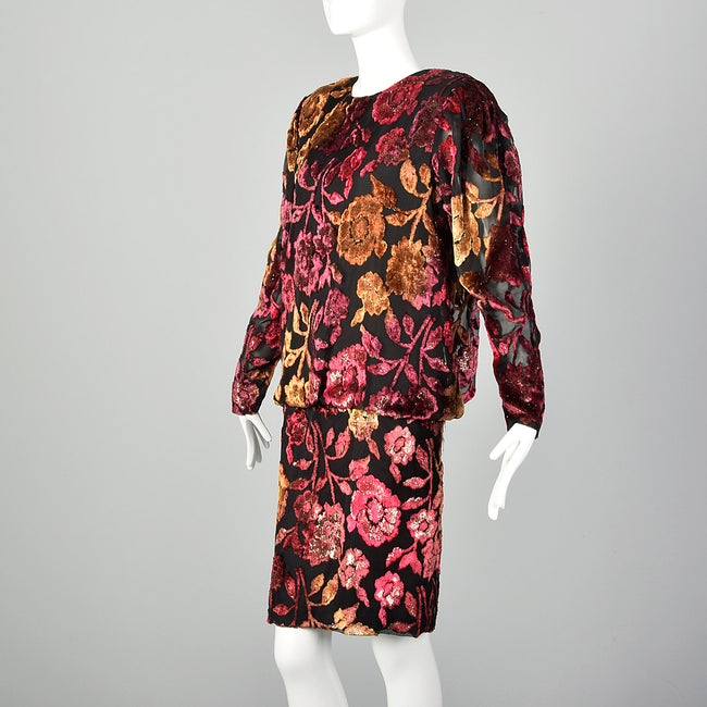 Medium-Large 1980s Black Burn Out Velvet Dress