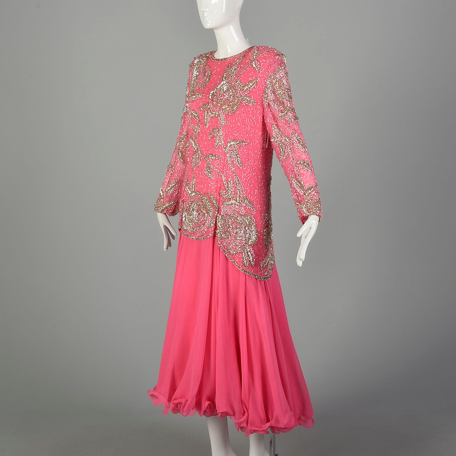 XXL 1980s Pink Formal Dress Silk Beaded Drop Waist