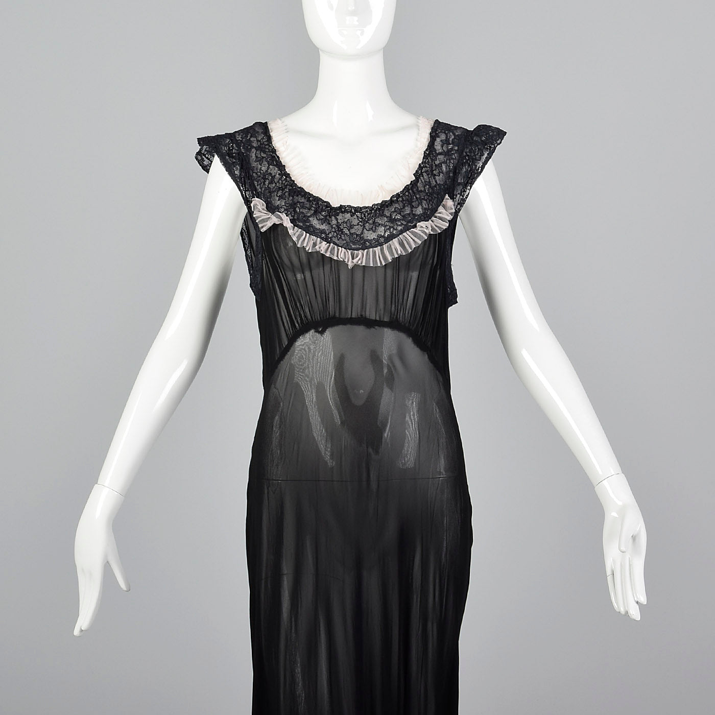 1930s Sheer Black Bias Cut Slip with White Trim