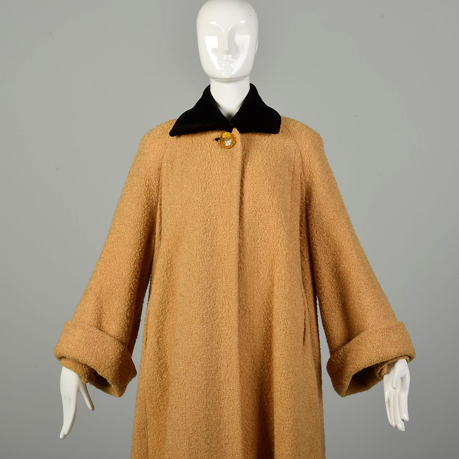 Large 1950s Swing Coat Mustard Yellow Boucle Wool Wind Cuffs Wide Sleeves Velvet Collar