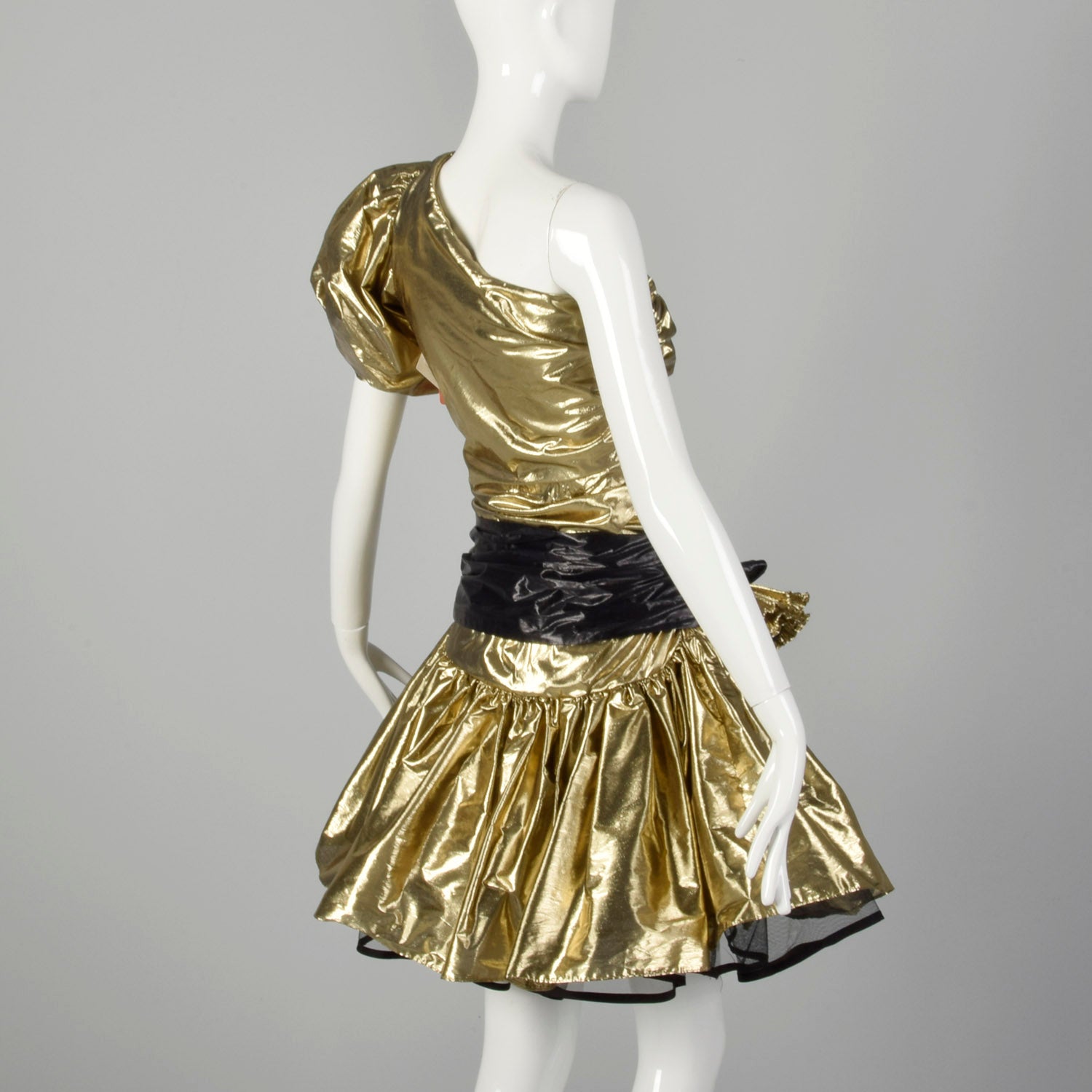 Medium 1980s Gold Lamé Prom Dress Asymmetric Drop Waist
