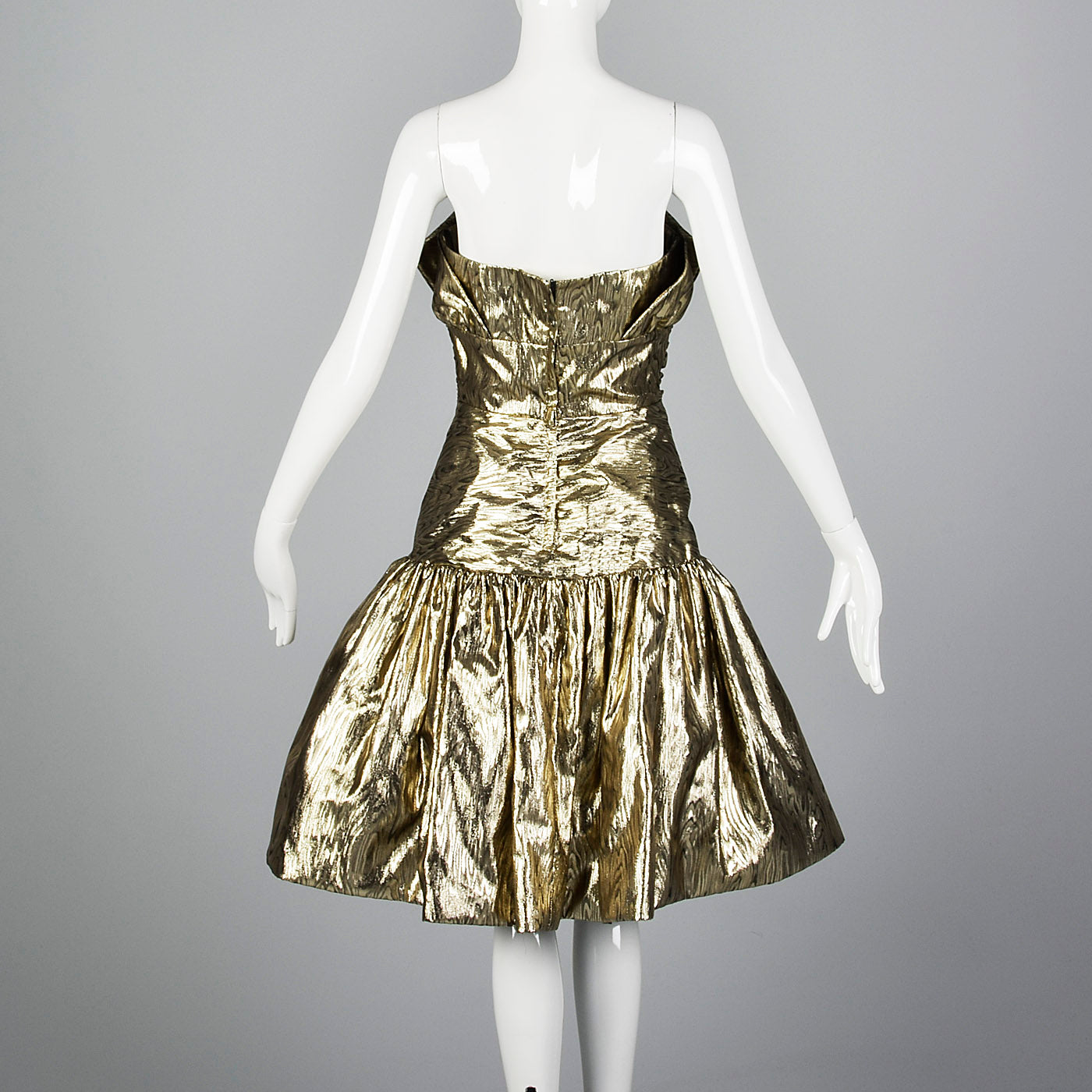 1980s Victor Costa Metallic Gold Strapless Party Dress