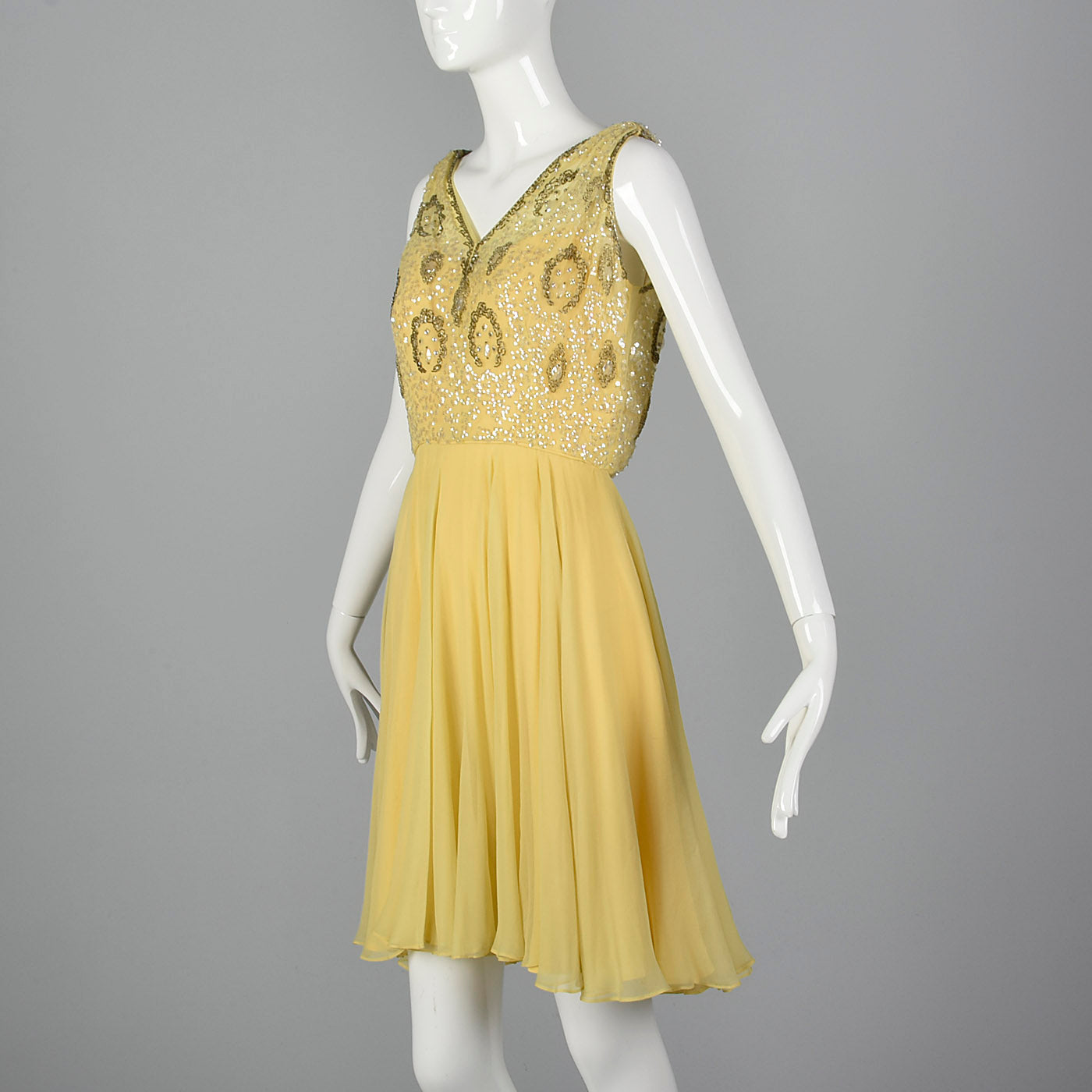 1960s Yellow Chiffon Beaded Dress