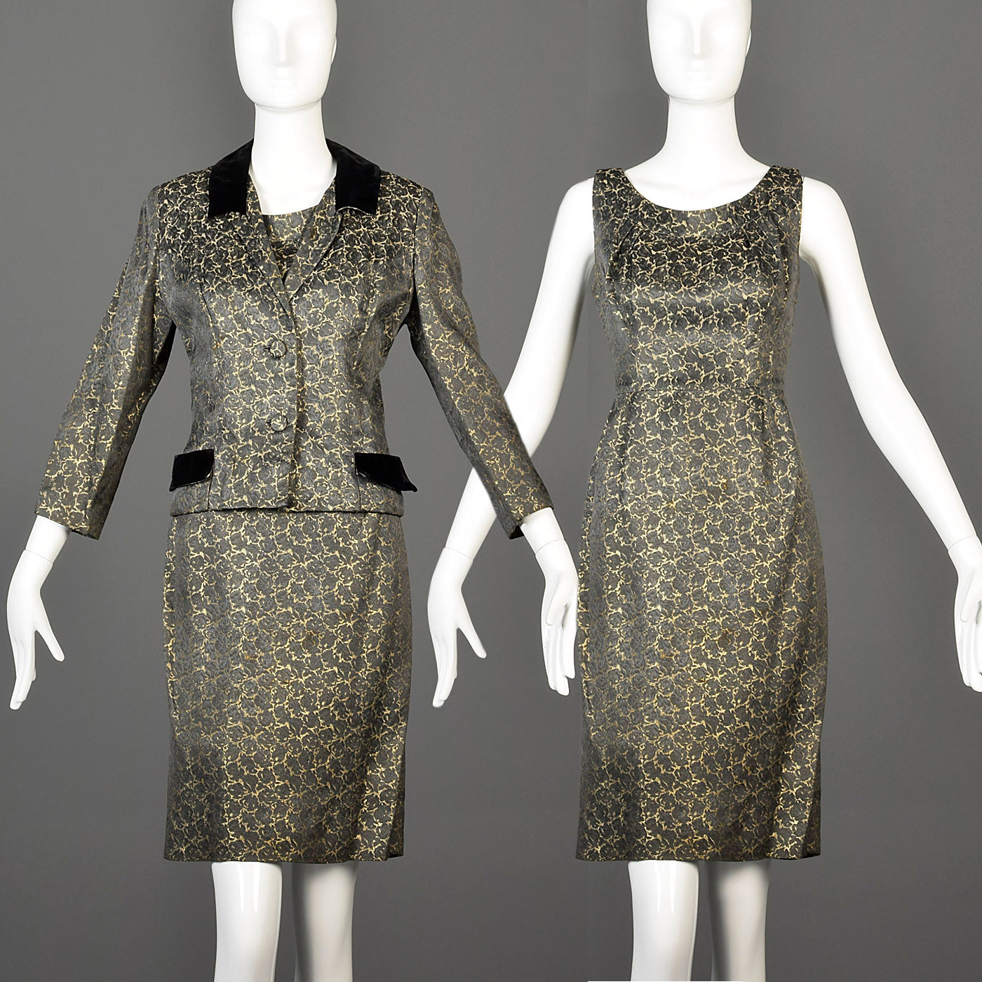 1960s Gold Brocade Dress with Matching Jacket and Velvet Detail