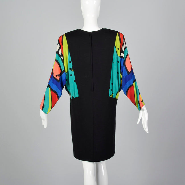 1980s Black Knit Dress with Colorful Silk Batwing Sleeves