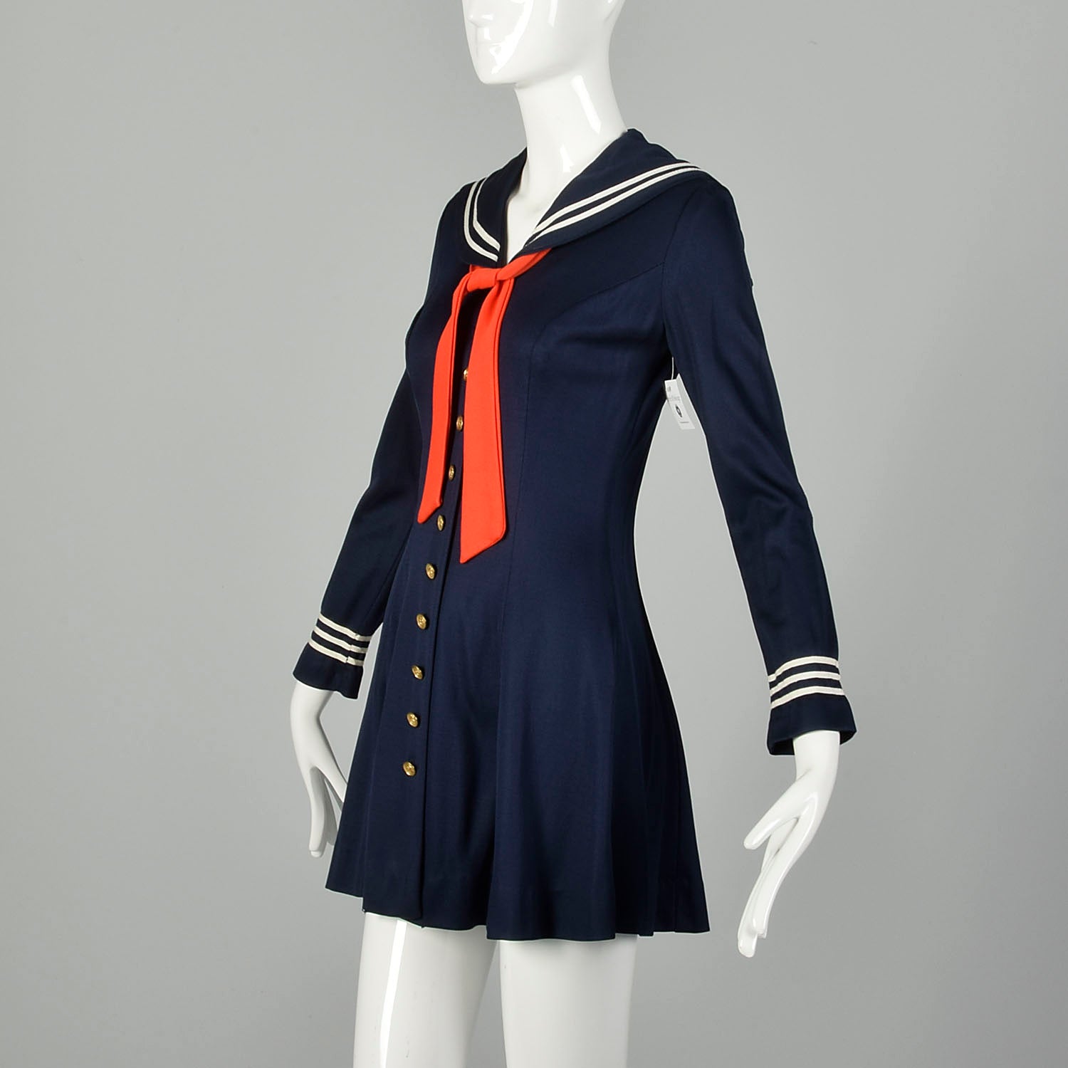 Small 1970s Sexy Sailor Dress Micro Mini Navy Blue Long Sleeves