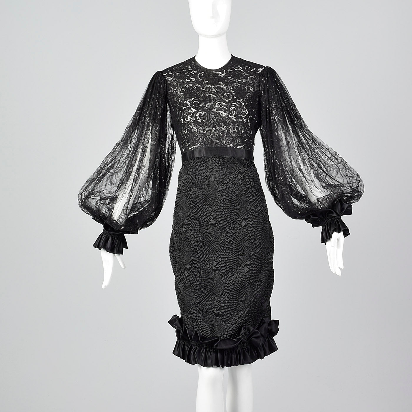 Galanos Sheer Lace Little Black Dress with Dramatic Bishop Sleeves