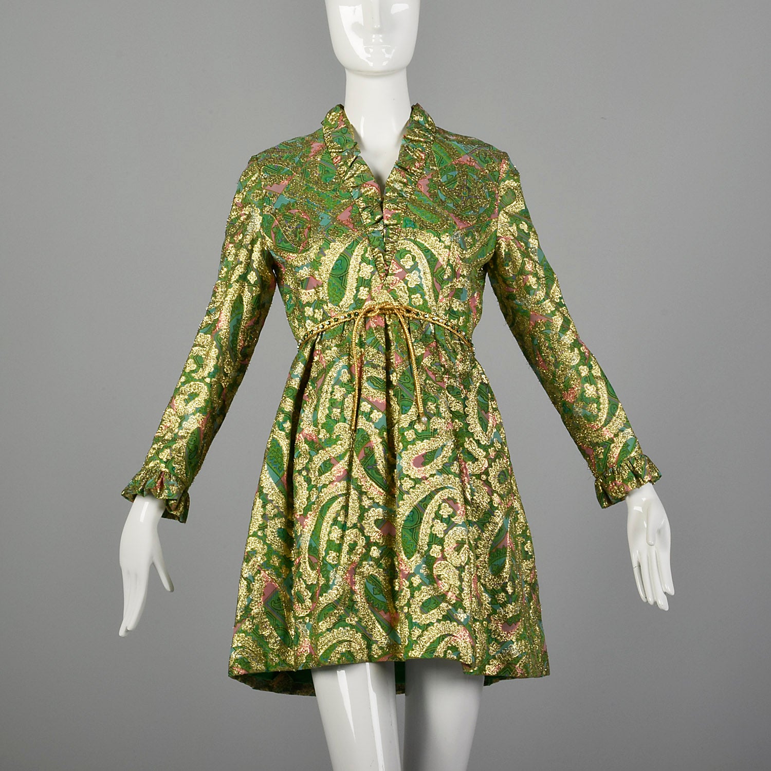 Small Mollie Parnis 1960s Green and Gold Paisley Dress Style & Salvage Small Mollie Parnis 1960s Green and Gold Paisley Dress Style & Salvage