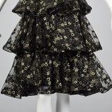 1980s Lillie Rubin Black & Gold Lace Dress with Layered Skirt