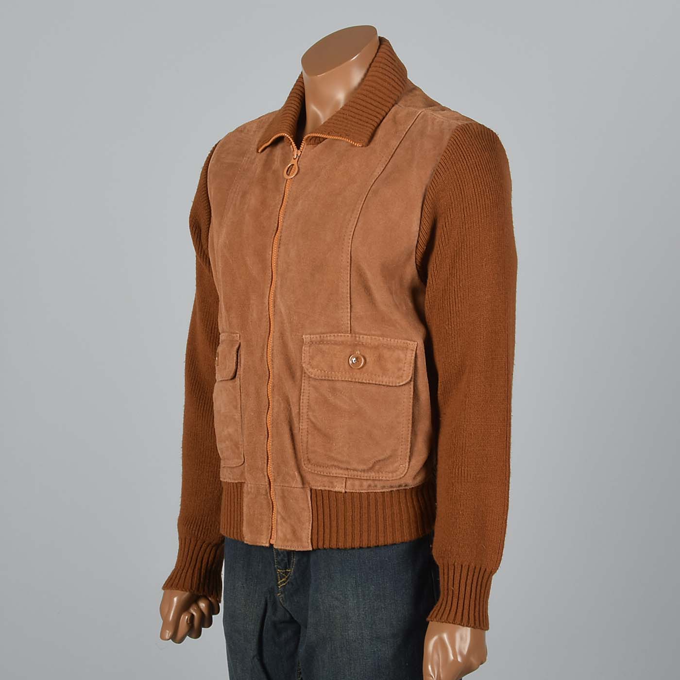 XL 1970s Brown Suede Jacket with Knit Sleeves