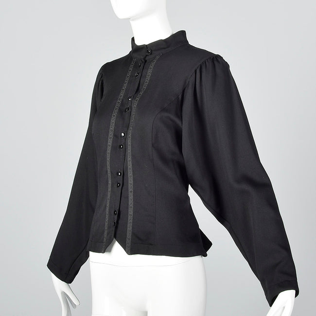 1980s Black Wool Blouse with Floral Trim