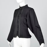1980s Black Wool Blouse with Floral Trim