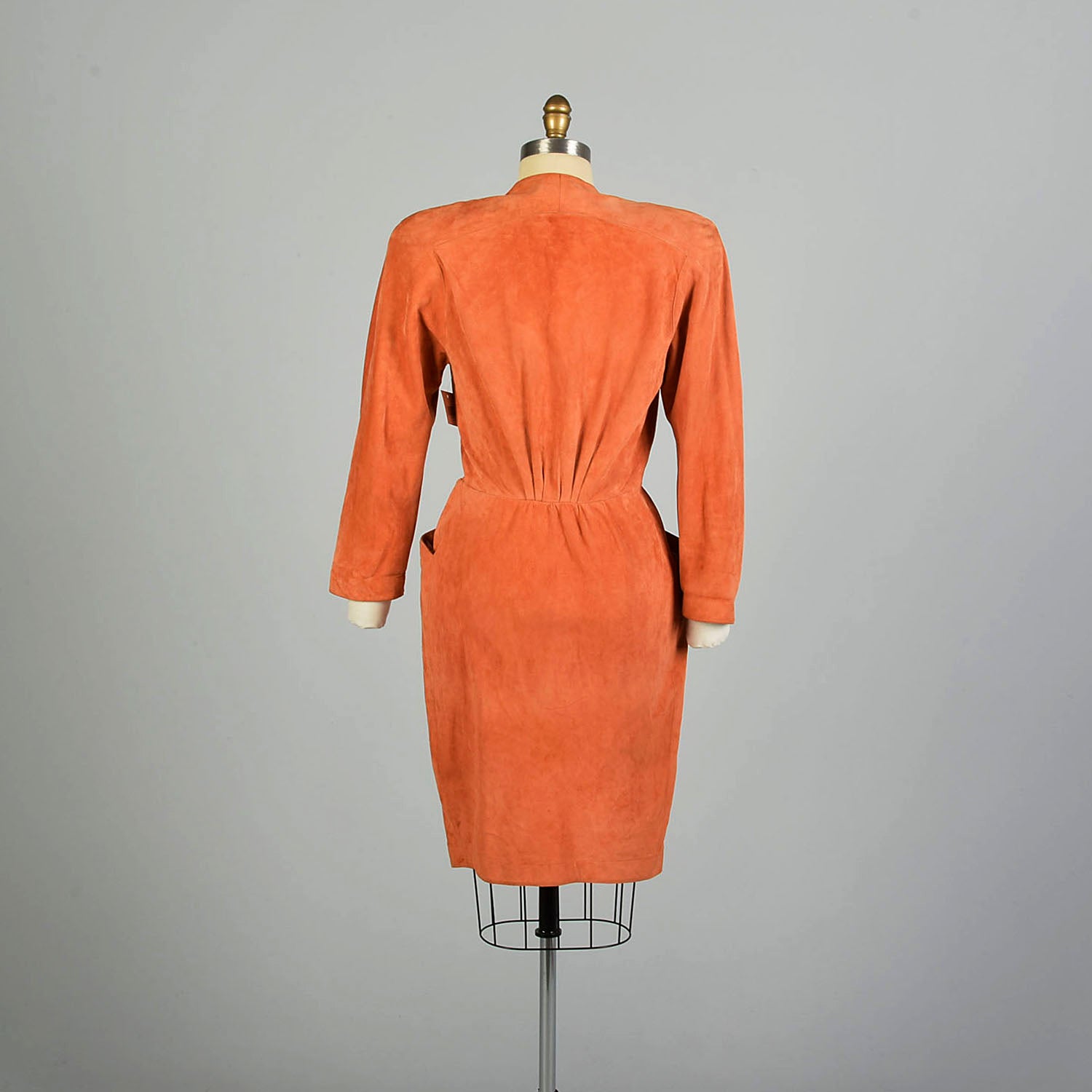 LG 1980s Thierry Mugler Leather Hourglass Suede Dress Orange Snap Front Knee Length Sexy Fitted Dress