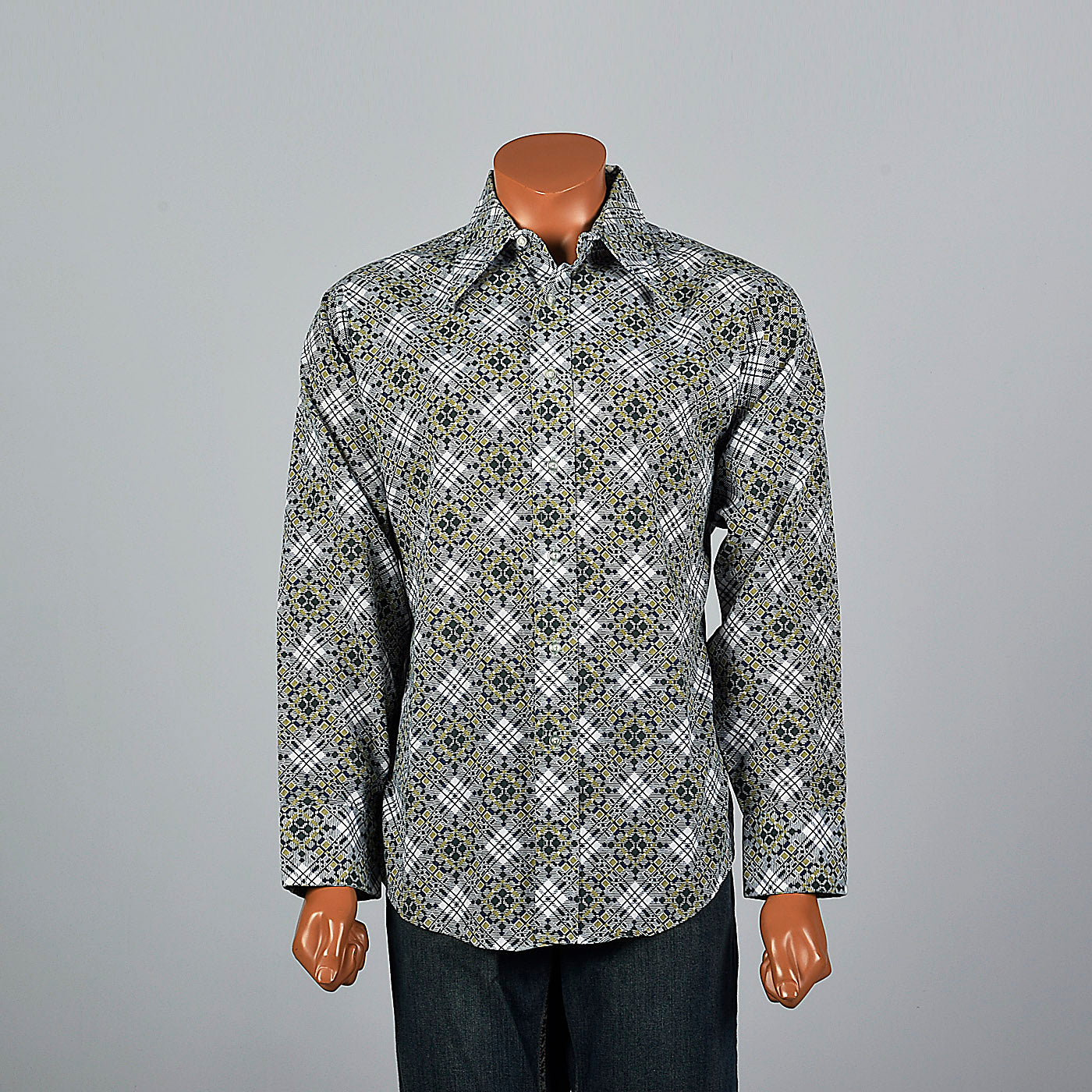 1970s Green Geometric Print Disco Shirt