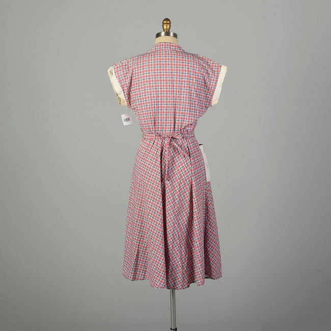 Large 1950s Day Dress Asymmetrical Red Plaid Cotton Tie Back Waist