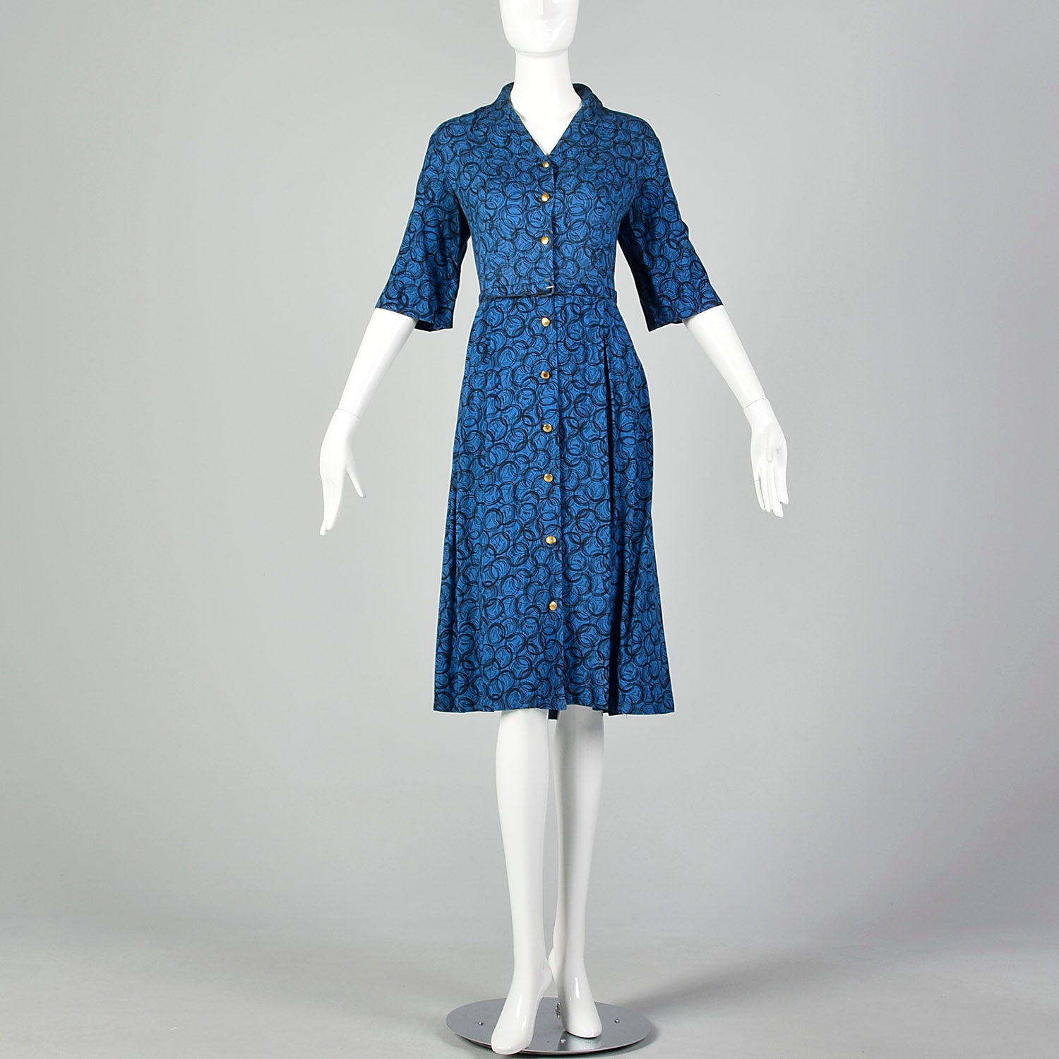 Large 1950s Blue Geometric Print Day Dress