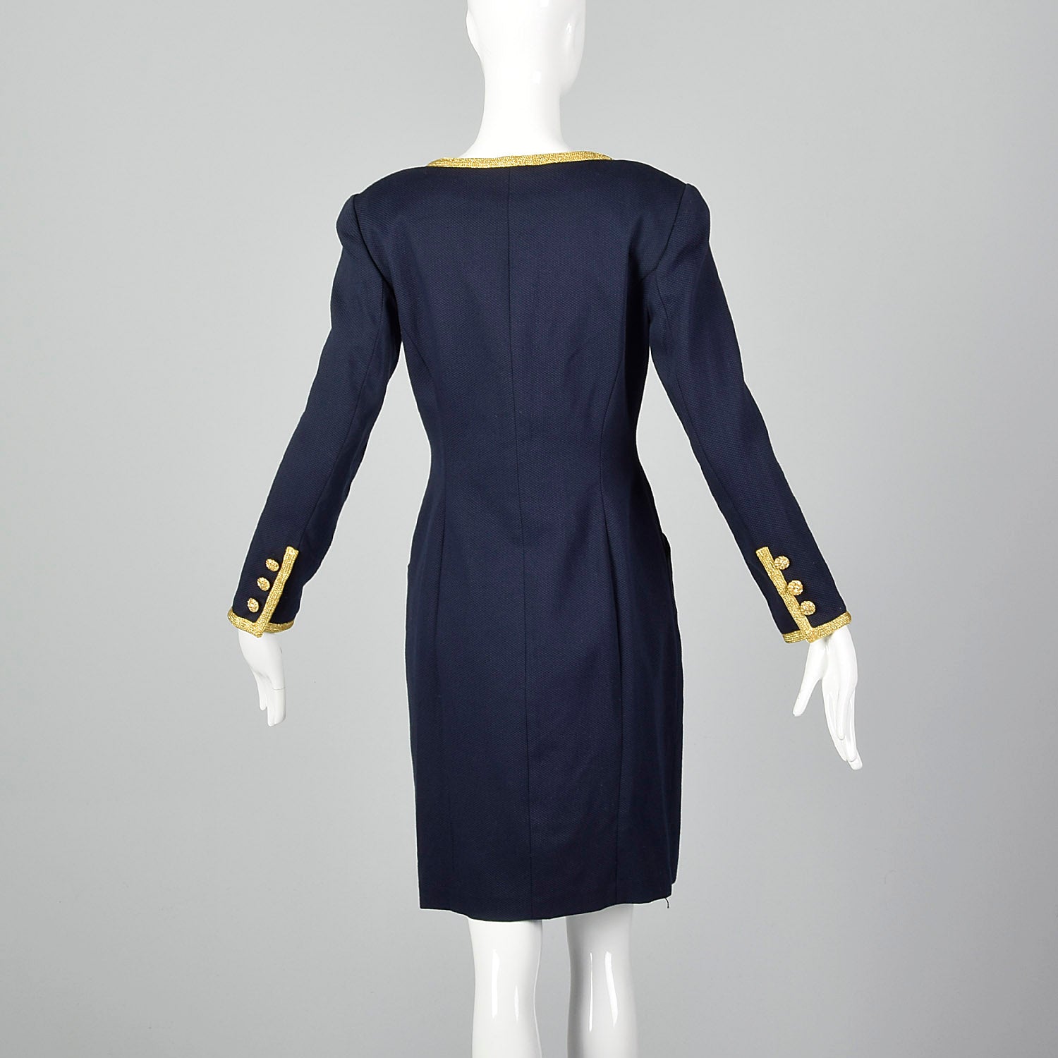 1980s Bill Blass Navy Dress with Gold Tone Metal Braided Trim