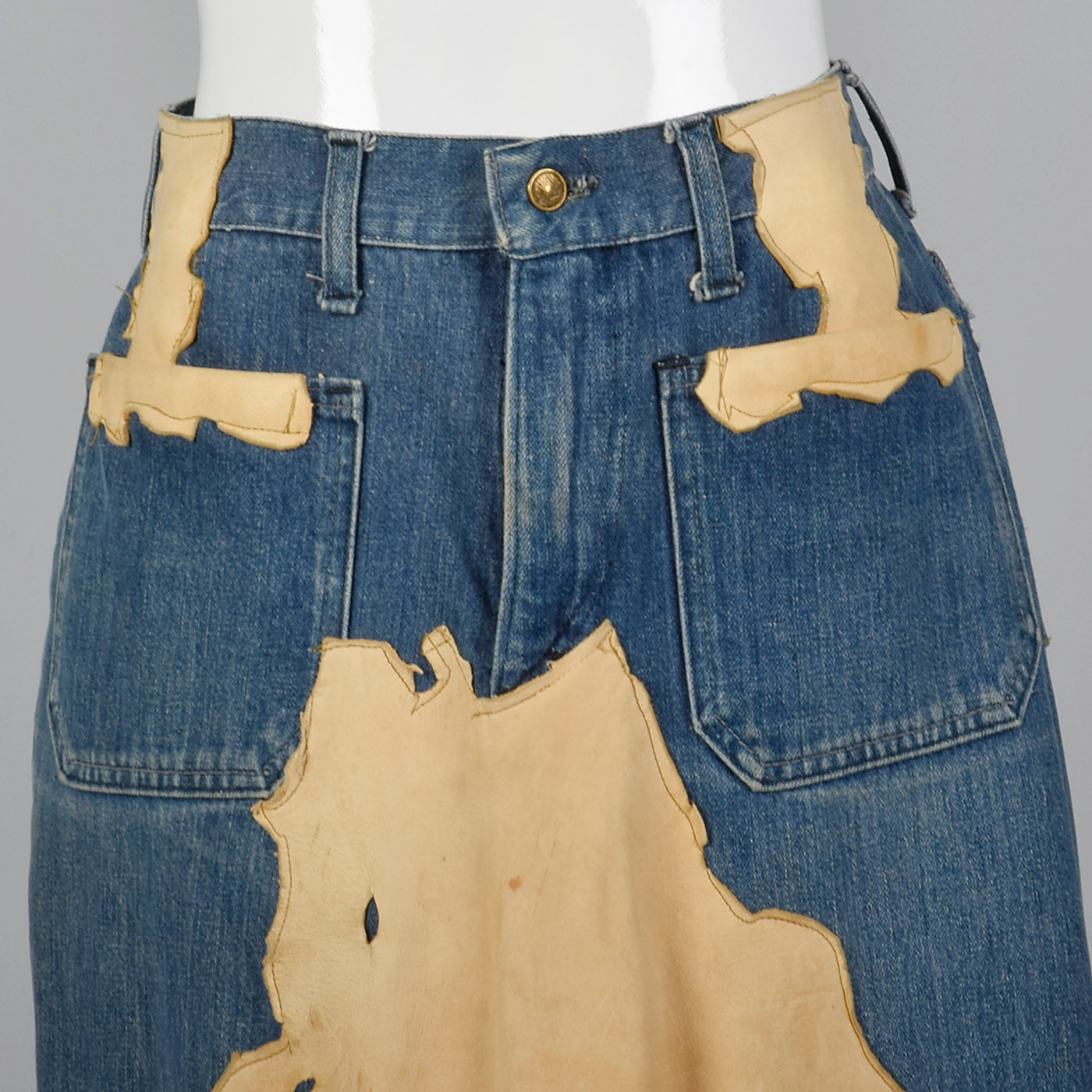 1970s Bohemian  Denim & Leather Patch Skirt
