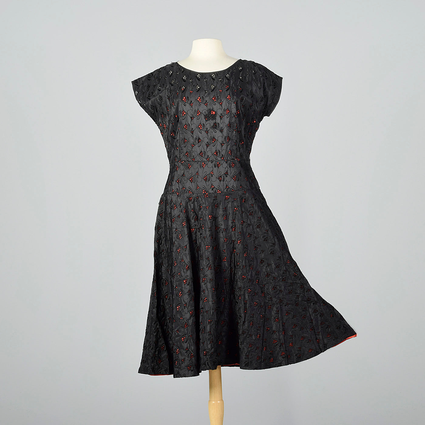 1950s Black Eyelet Dress with Red Lining