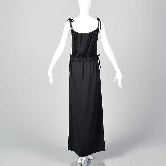 1970s Black Maxi Dress with Faux Drawstring Details