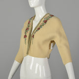 XS 1950s Beige Cropped Cardigan Sweater with Hand Embroidered Beading and Velvet Trim