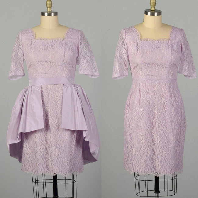 XL 1950s Set Lavender Lace Cocktail Party Peplum Waist Wiggle Dress