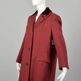 Medium 1960s Coat Red Tweed Wool Plaid Winter Jacket Velvet Collar