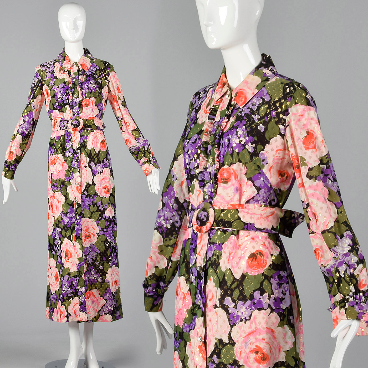 1970s Floral Maxi Dress with Metallic Polka Dots