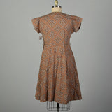 XL 1950s Brown Cotton Day Dress Blue Floral Print Short Sleeves