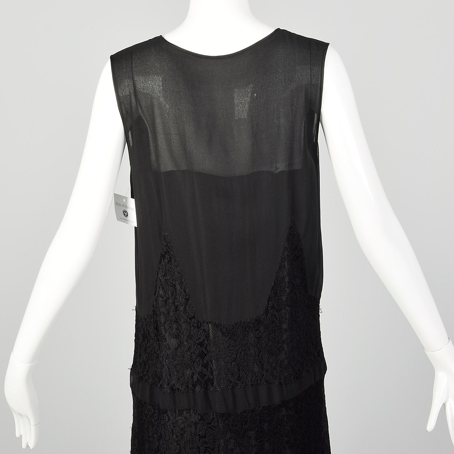 Medium 1920s Black Silk Dress Lace Panel Elegant Sleeveless Evening