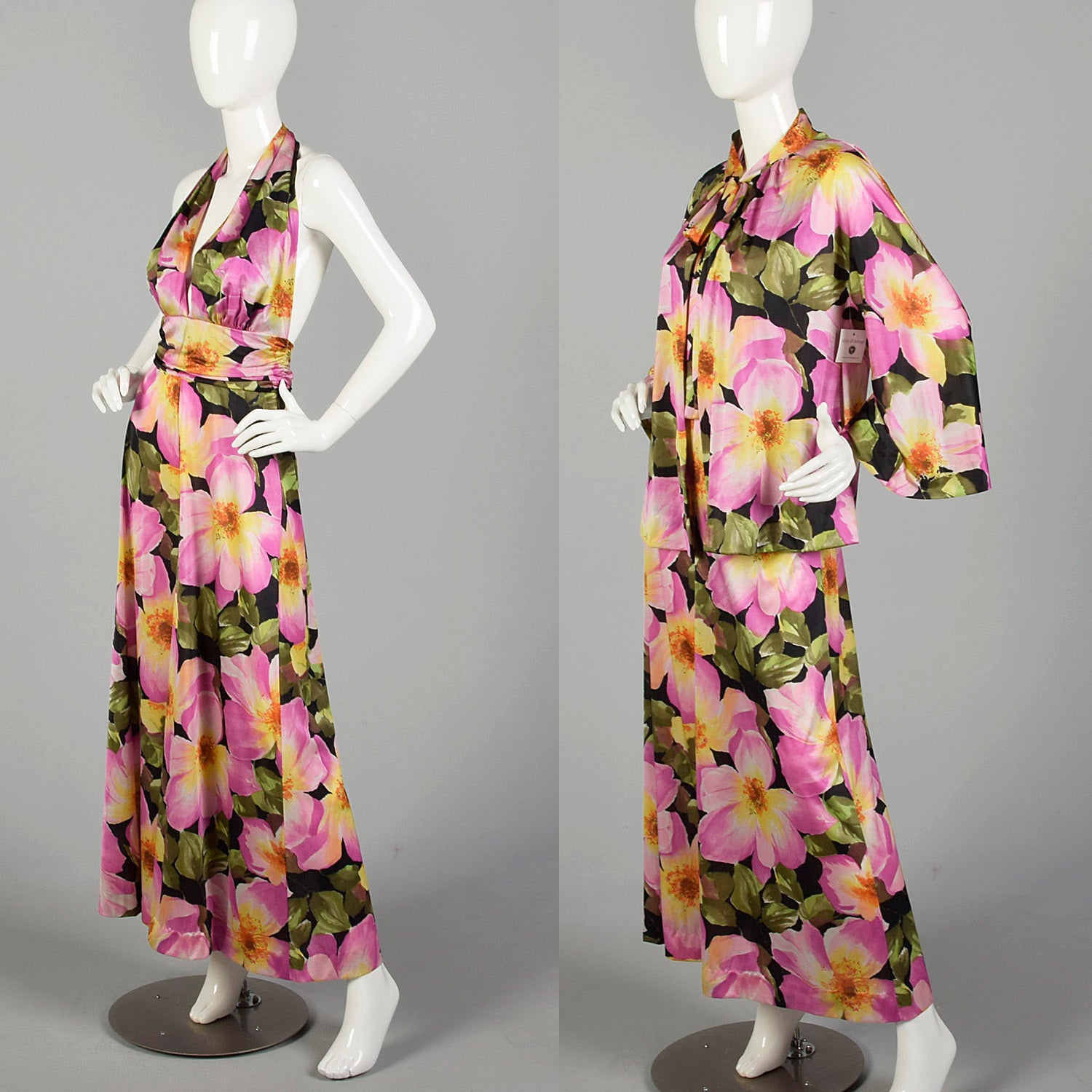 Large 1970s Vanity Fair Palazzo Jumpsuit Lightweight Sexy Loungewear with Floral Jacket