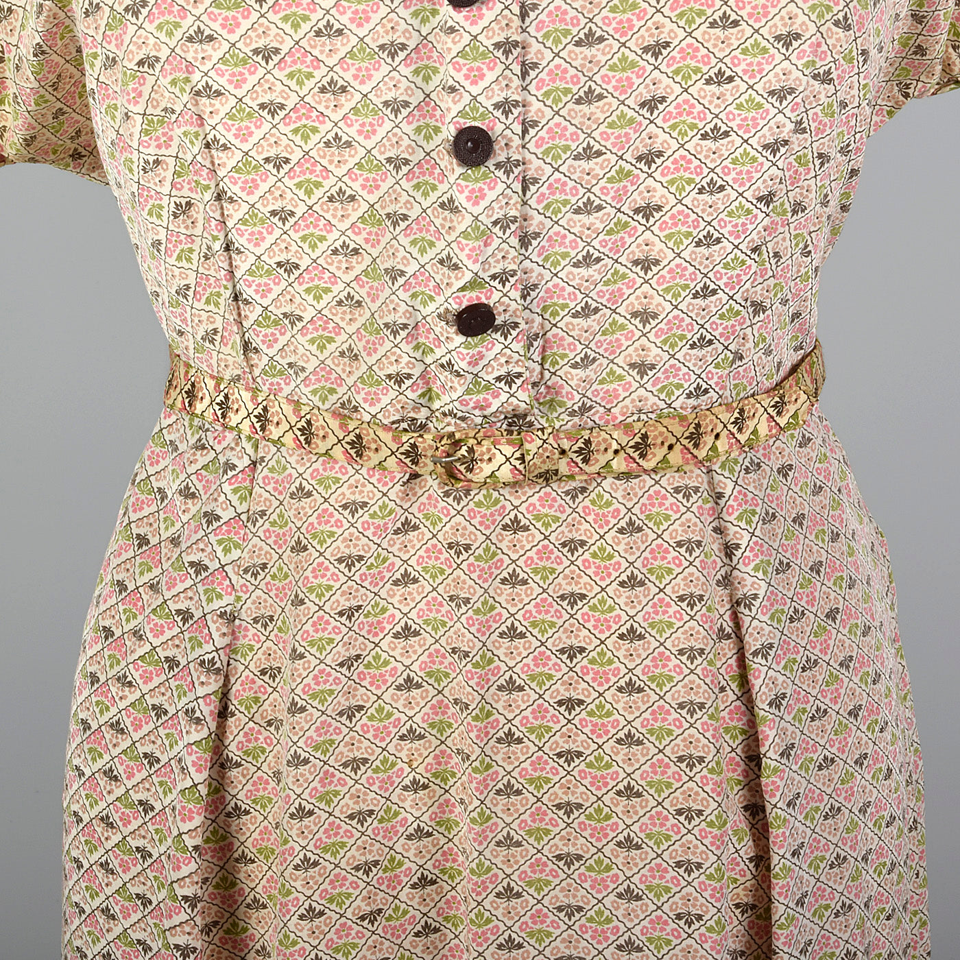 1950s Pink and Green Rayon Print Dress