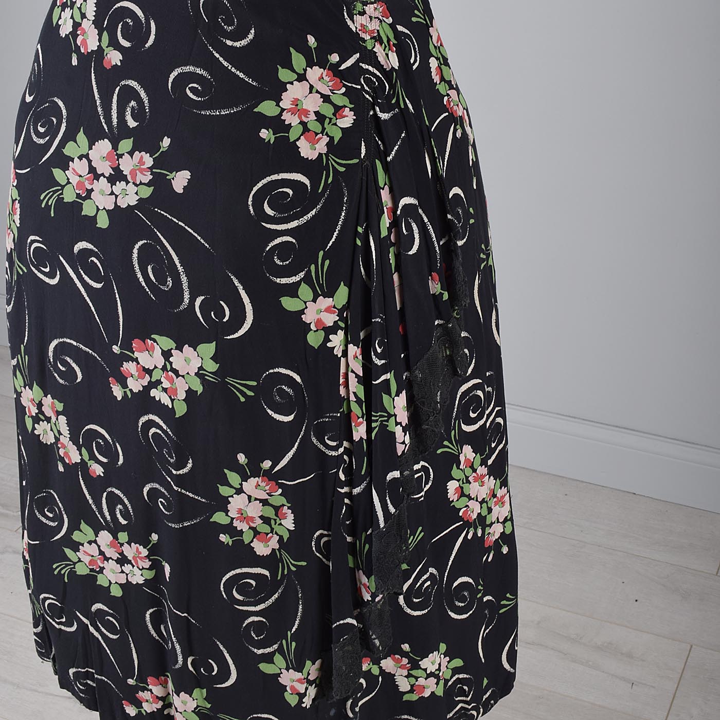 1940s Black Rayon Dress with Floral Print and Hip Sash