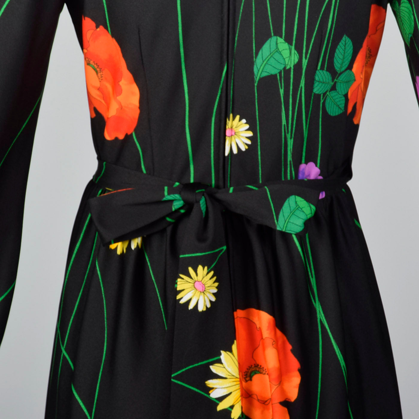 1970s Black Floral Midi Dress with Bishop Sleeves