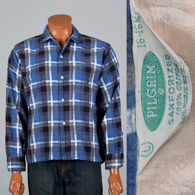 1950s Pilgrim Blue Plaid Flannel Shirt