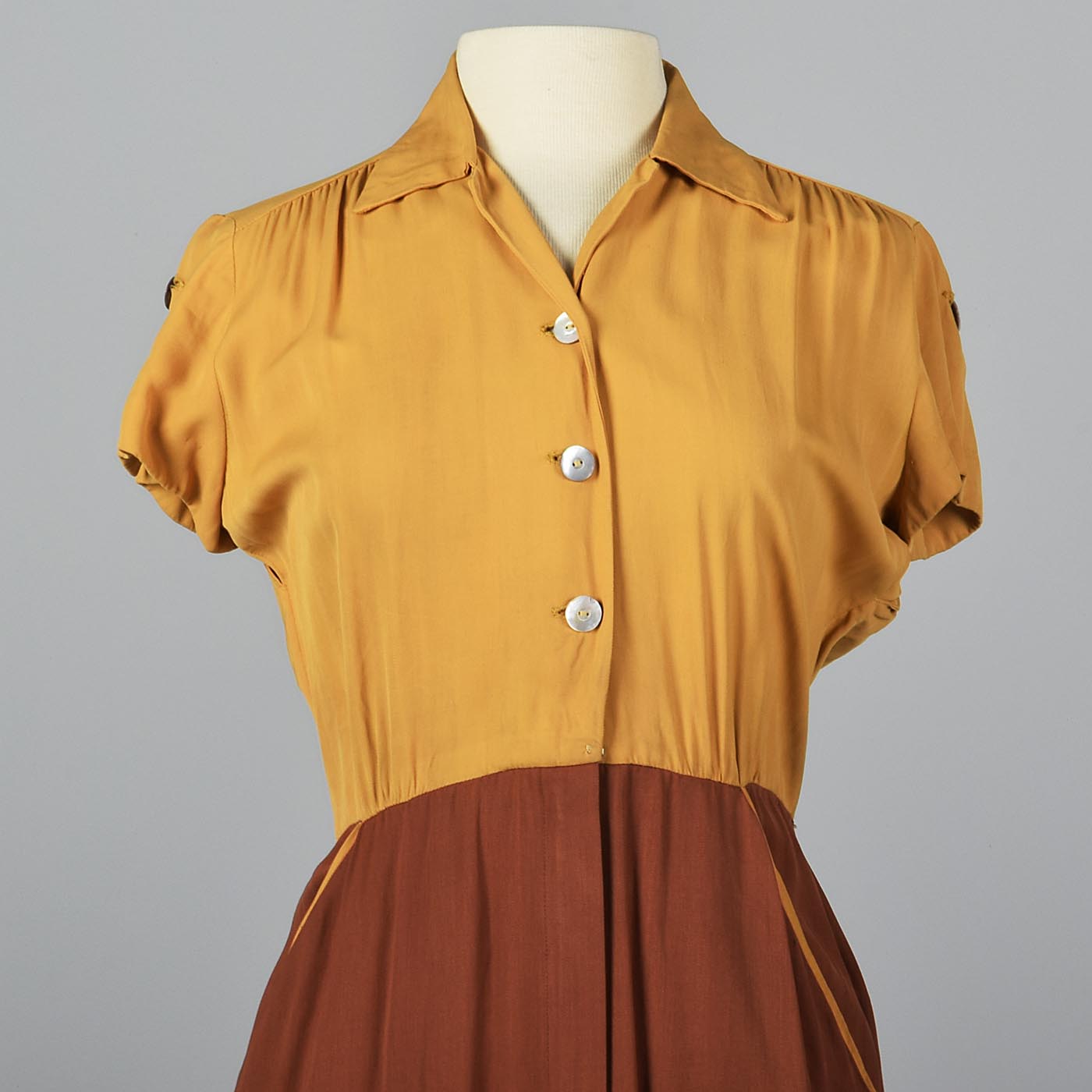 1950s Yellow and Brown Gaberdine Day Dress