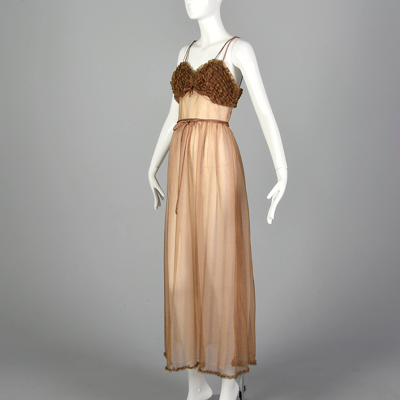 1950s Beige Nightgown with Ruffle Bust