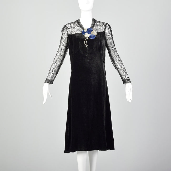 Medium 1930s Velvet Dress with Sheer Lace Top
