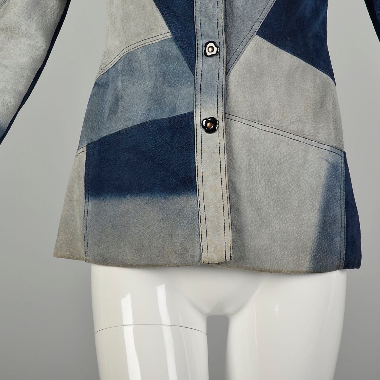 XXS 1970s Jacket Blue Patchwork Leather Long Sleeve Coat