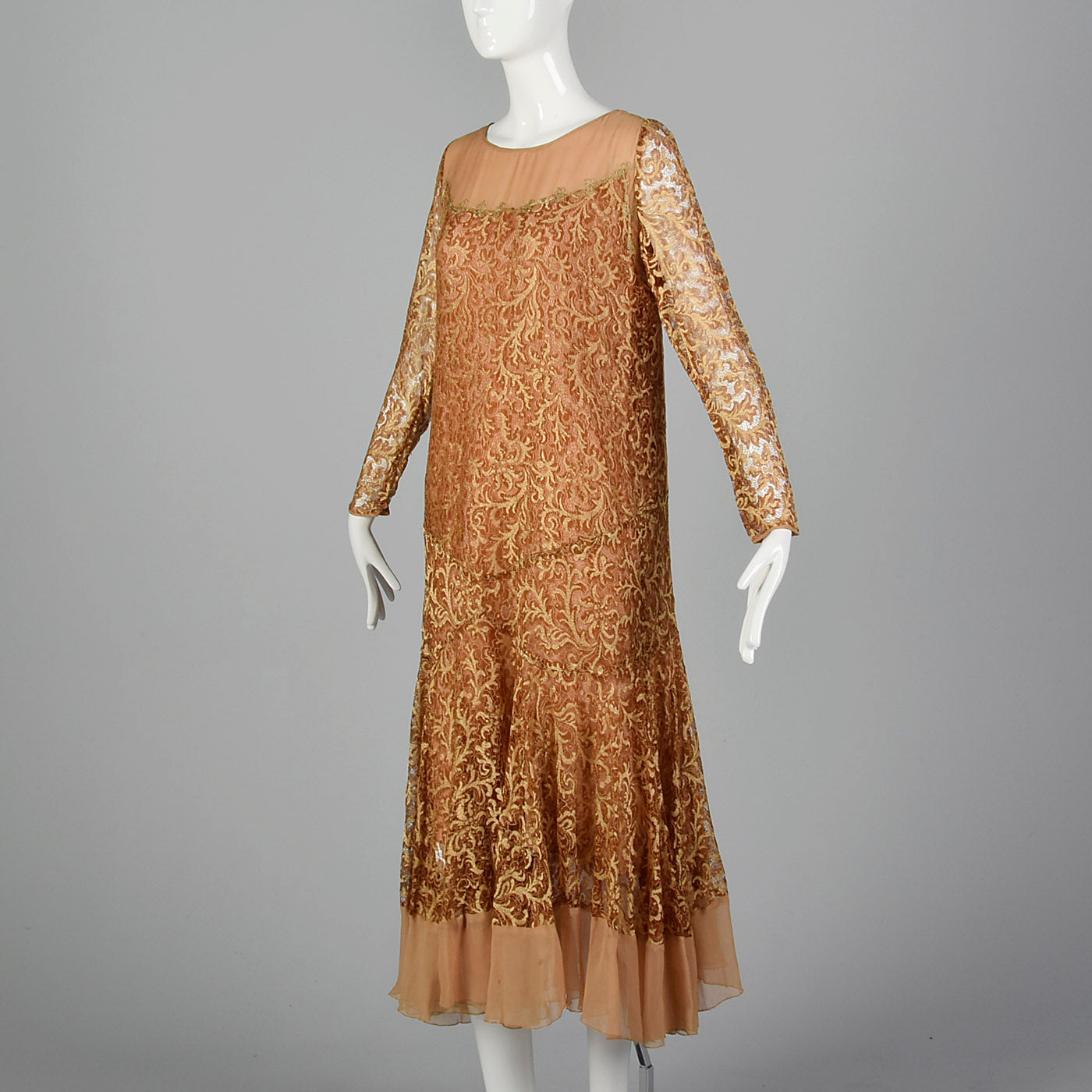 1930s Golden Brown Lace Dress with Chiffon Hem