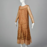 1930s Golden Brown Lace Dress with Chiffon Hem